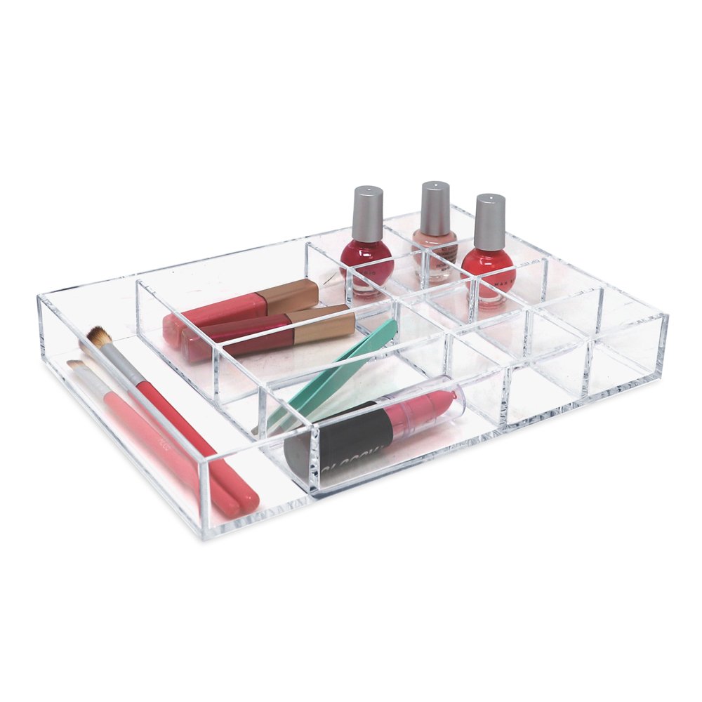 Isaac Jacobs 12-Compartment Clear Acrylic Drawer Organizer (9.4" L x 6.4" W x 1.4" H), Multi-Sectional Tray &amp; Storage Solution for Makeup, School &amp; Office Supplies, Bathroom, Kitchen