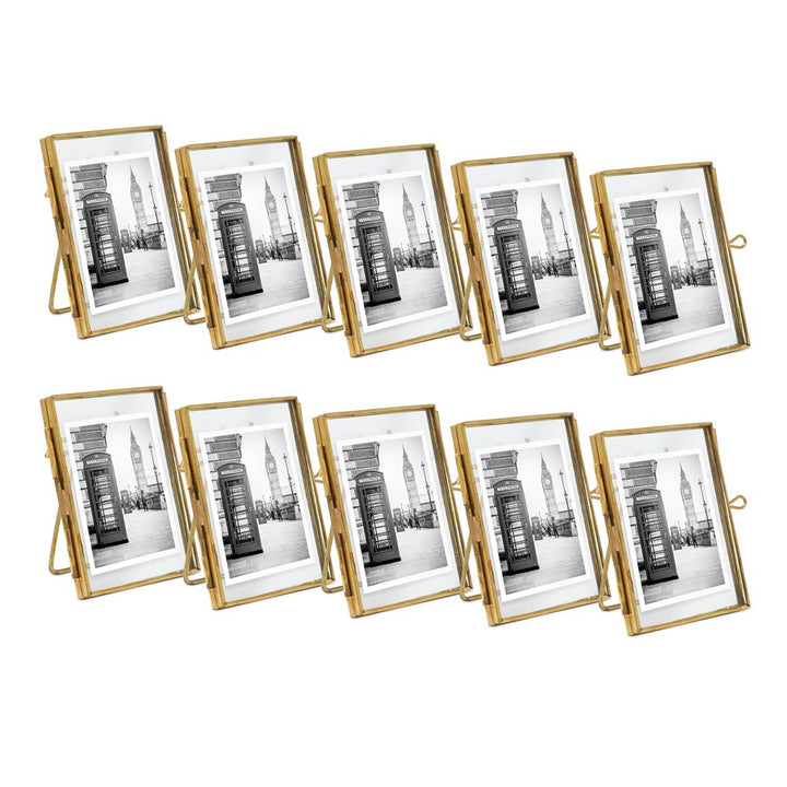 Isaac Jacobs 2x3 (10-Pack) Vintage Style Brass and Glass, Metal Floating Picture Frame (Vertical) with Locket Closure, for Photos, Art, More, Tabletop Display_