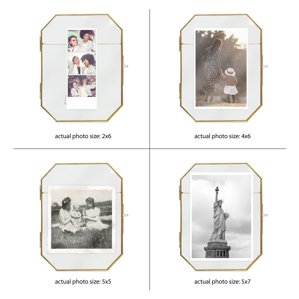Isaac Jacobs Vintage Style Octagon Brass &amp; Glass, Metal Floating Picture Frame with Locket Closure, Tabletop Display