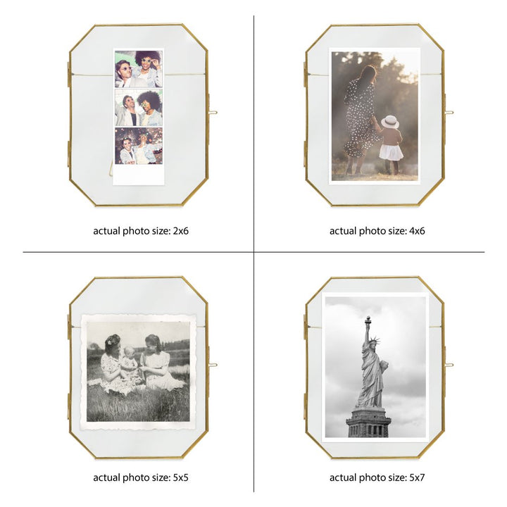 Isaac Jacobs Vintage Style Octagon Brass &amp; Glass, Metal Floating Picture Frame with Locket Closure, Tabletop Display