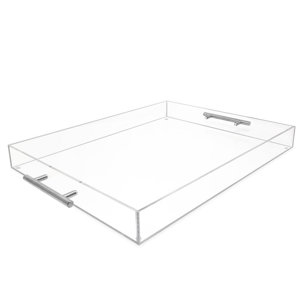 Isaac Jacobs Clear Acrylic Serving Tray with Metal Handles, Spill-Proof, Stackable Organizer, Space-Saver, Food &amp; Drinks Server, Indoors/Outdoors, Lucite Storage Décor &amp; More