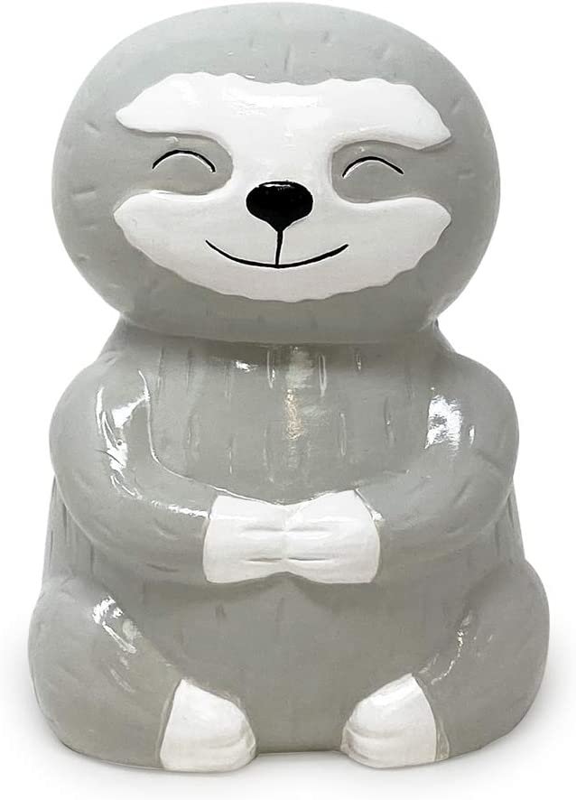 Isaac Jacobs Ceramic Sloth Money Bank, Cute Piggy Bank for Kids and Adults, Sloth Lovers Gift, Animal and Adventure Room Décor for Boys &amp; Girls, Happy Sloth Cartoon Animal Decorative Coin Bank (Gray)