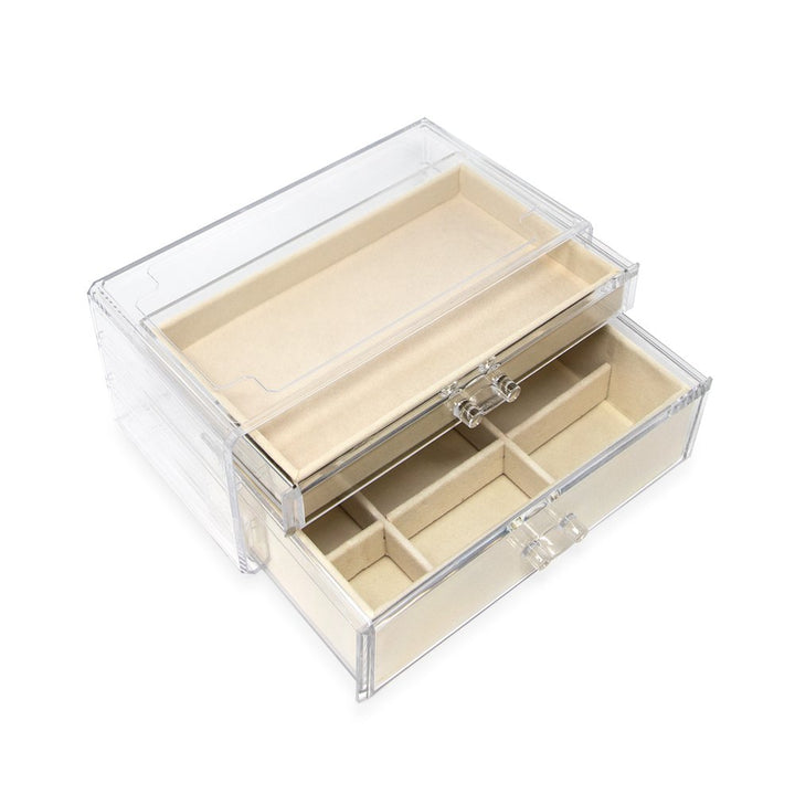 Isaac Jacobs Clear Acrylic 2-Drawer Jewelry Organizer (9.25” x 5.4” x 4.25”) w/ Velvet Lining, Stackable Storage Box For Necklaces, Bracelets, Earrings, Watches &amp; Rings, Tabletop Display Case