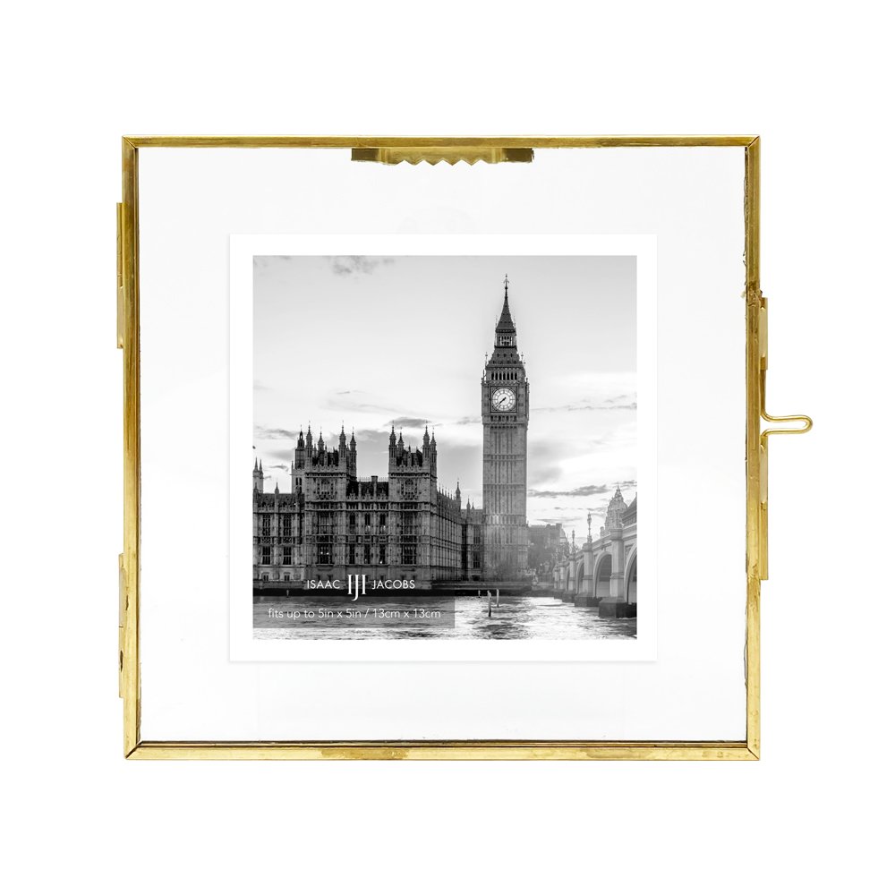Isaac Jacobs Vintage Style Brass and Glass Hanging Picture Frame, Wall-Mountable, Floating Picture Frame w/ Locket Closure, for Photos, Wall Décor, Art, &amp; More
