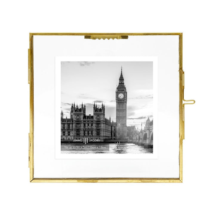 Isaac Jacobs Vintage Style Brass and Glass Hanging Picture Frame, Wall-Mountable, Floating Picture Frame w/ Locket Closure, for Photos, Wall Décor, Art, &amp; More