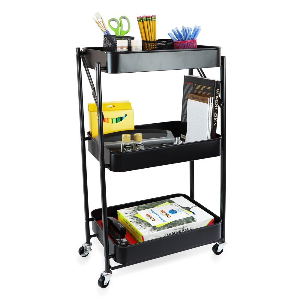Isaac Jacobs 3-Tier Rolling Cart, Foldable Mobile Storage Organizer with Caster Wheels, Lightweight Multi-Purpose Metal Utility Cart for Office, Kitchen, Bathroom, Bedroom