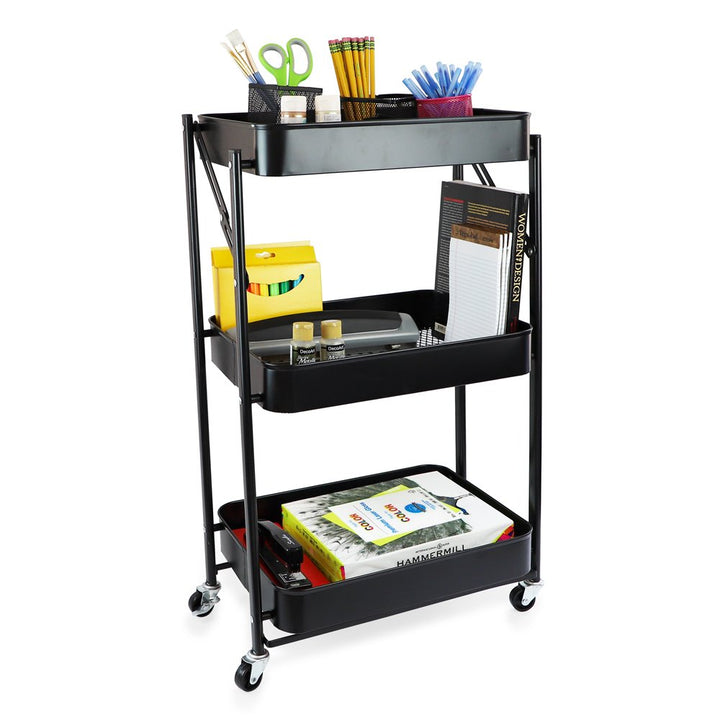 Isaac Jacobs 3-Tier Rolling Cart, Foldable Mobile Storage Organizer with Caster Wheels, Lightweight Multi-Purpose Metal Utility Cart for Office, Kitchen, Bathroom, Bedroom