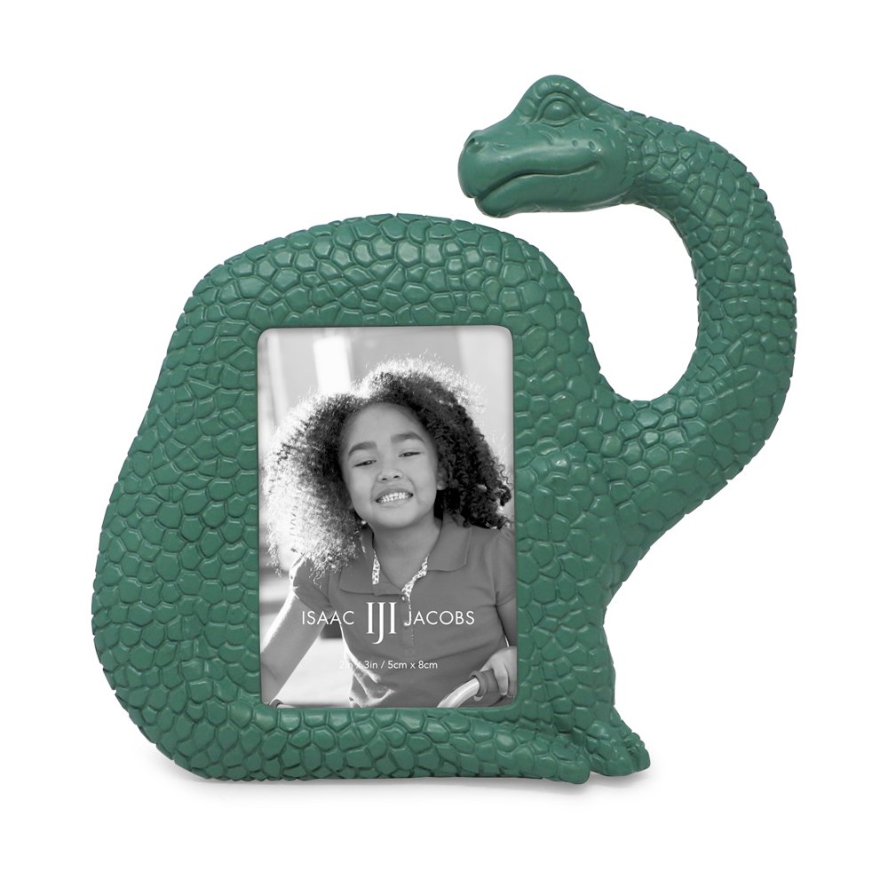 Isaac Jacobs 2” x 3" Resin Dinosaur Picture Frame, Vertical Keepsake Photo Frame with Easel and Hanging Tabs for Tabletop, Desktop &amp; Wall Display