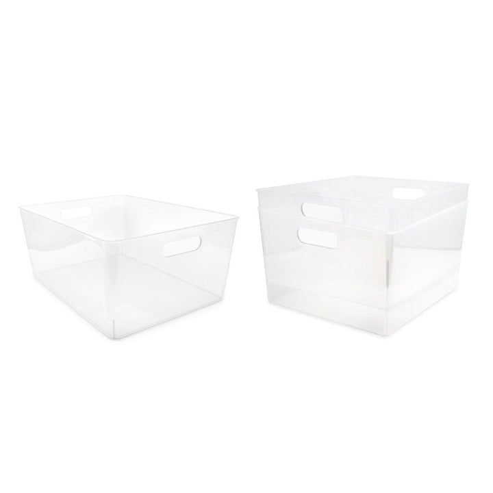 Isaac Jacobs 3-Pack Clear Storage Bins with Cutout Handles, Plastic Organizer for Home, Office, Kitchen, Fridge/Freezer, Drawers, BPA Free, Food Safe