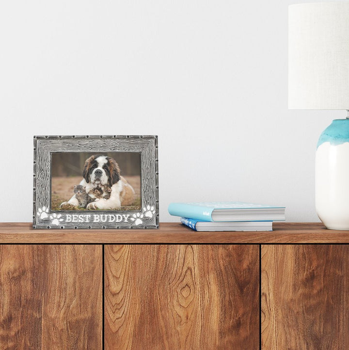 Isaac Jacobs 4" x 6" Resin Sentiments Dog Best Buddy Picture Frame, Horizontal Keepsake Photo Frame with Easel and Hanging Tabs for Tabletop, Desktop &amp; Wall Display