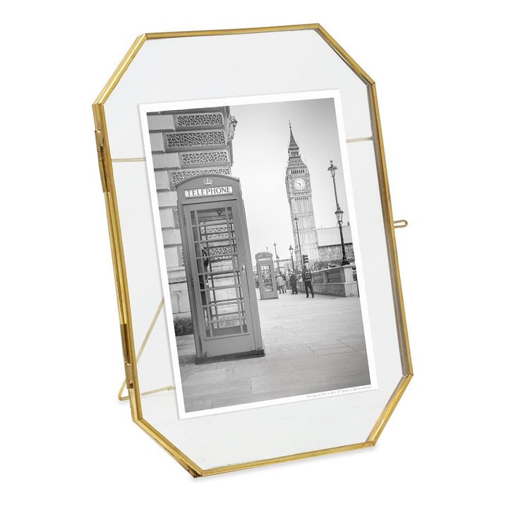 Isaac Jacobs Vintage Style Octagon Brass &amp; Glass, Metal Floating Picture Frame with Locket Closure, Tabletop Display