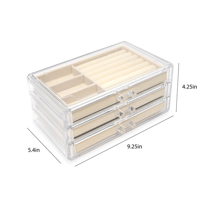 Isaac Jacobs Clear Acrylic 3-Drawer Jewelry Organizer (9.25” x 5.4” x 4.25”) w/ Velvet Lining, Stackable Storage Box For Necklaces, Bracelets, Earrings, Watches &amp; Rings, Tabletop Display Case