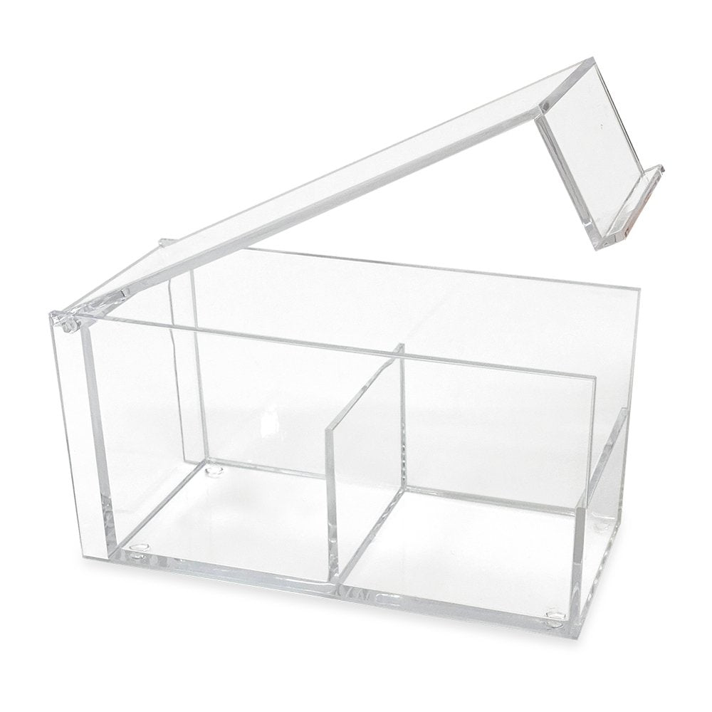 Isaac Jacobs 2-Compartment Rectangular Clear Acrylic Organizer with Lid (6.75" L x 3" W x 3.25" H), Tea Bag Holder, Multi-Sectional Tray, Stackable, Storage Box, for Kitchen, Bathroom, Office &amp; More