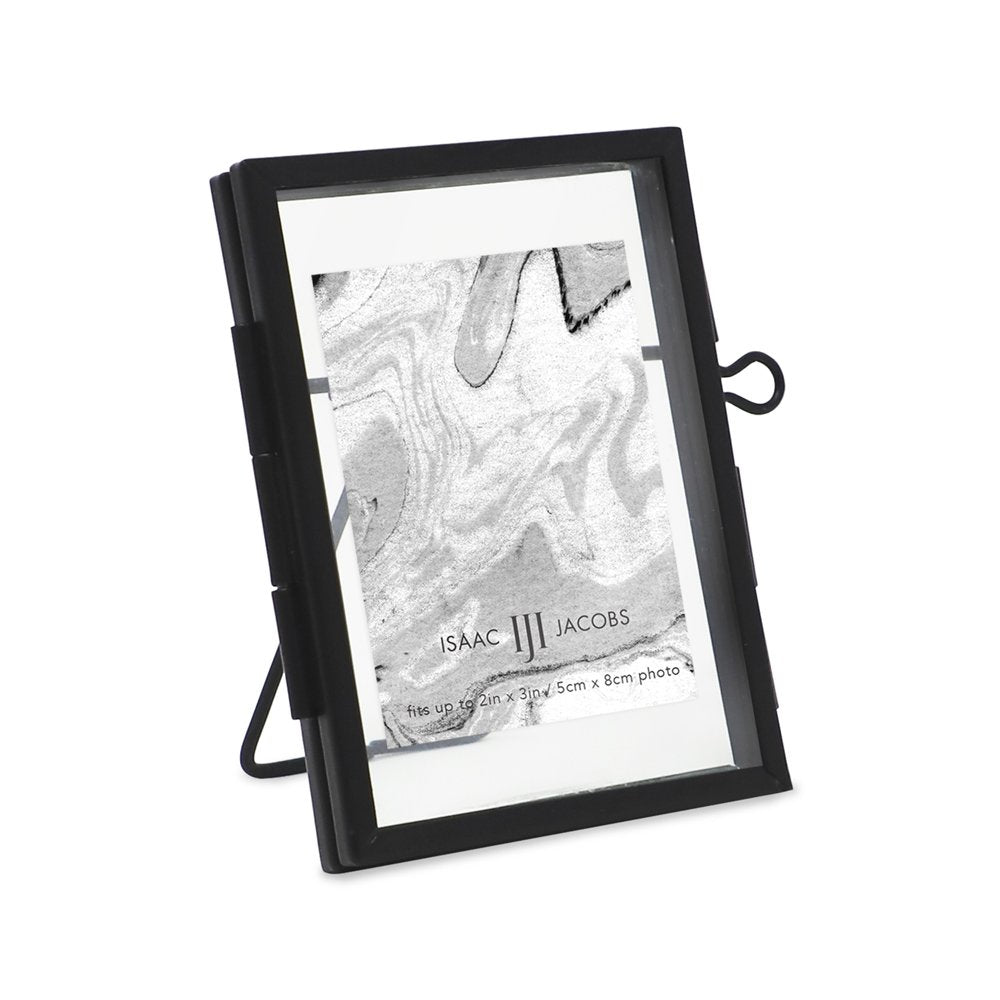 Isaac Jacobs Modern Style Brass and Glass, Pressed Glass, Metal Floating Desk Photo Frame with Locket Closure for Pictures, Art, Mementos & Keepsakes