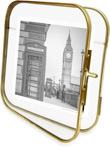 Isaac Jacobs Vintage Style, Round-Edged Brass & Glass Metal Floating Picture Frame with Locket Closure, Made for Tabletop Display