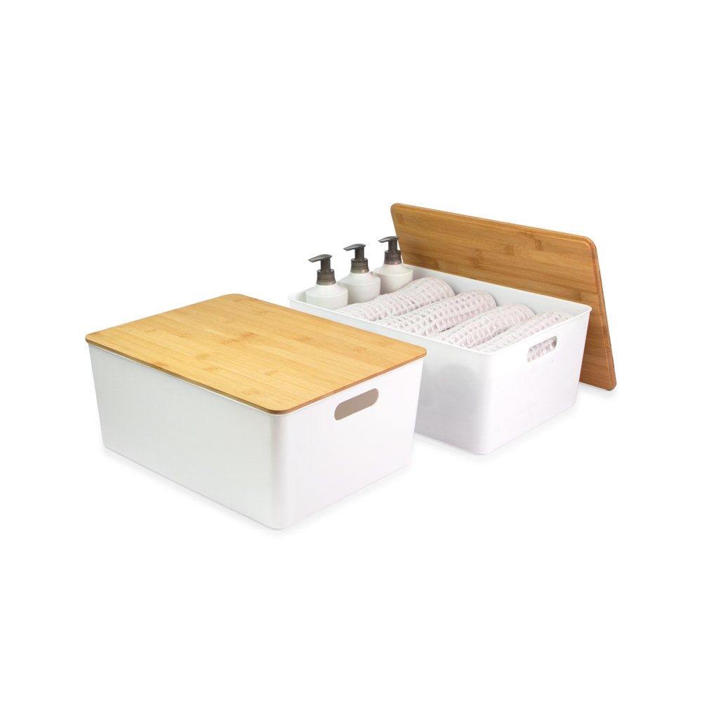 Isaac Jacobs 2-Pack Storage Bin Set w/ Cut-Out Handles and Bamboo Lid, Plastic Organizers for Home, Pantry, Kitchen, Closet, Office, Home Décor, BPA Free, Food Safe