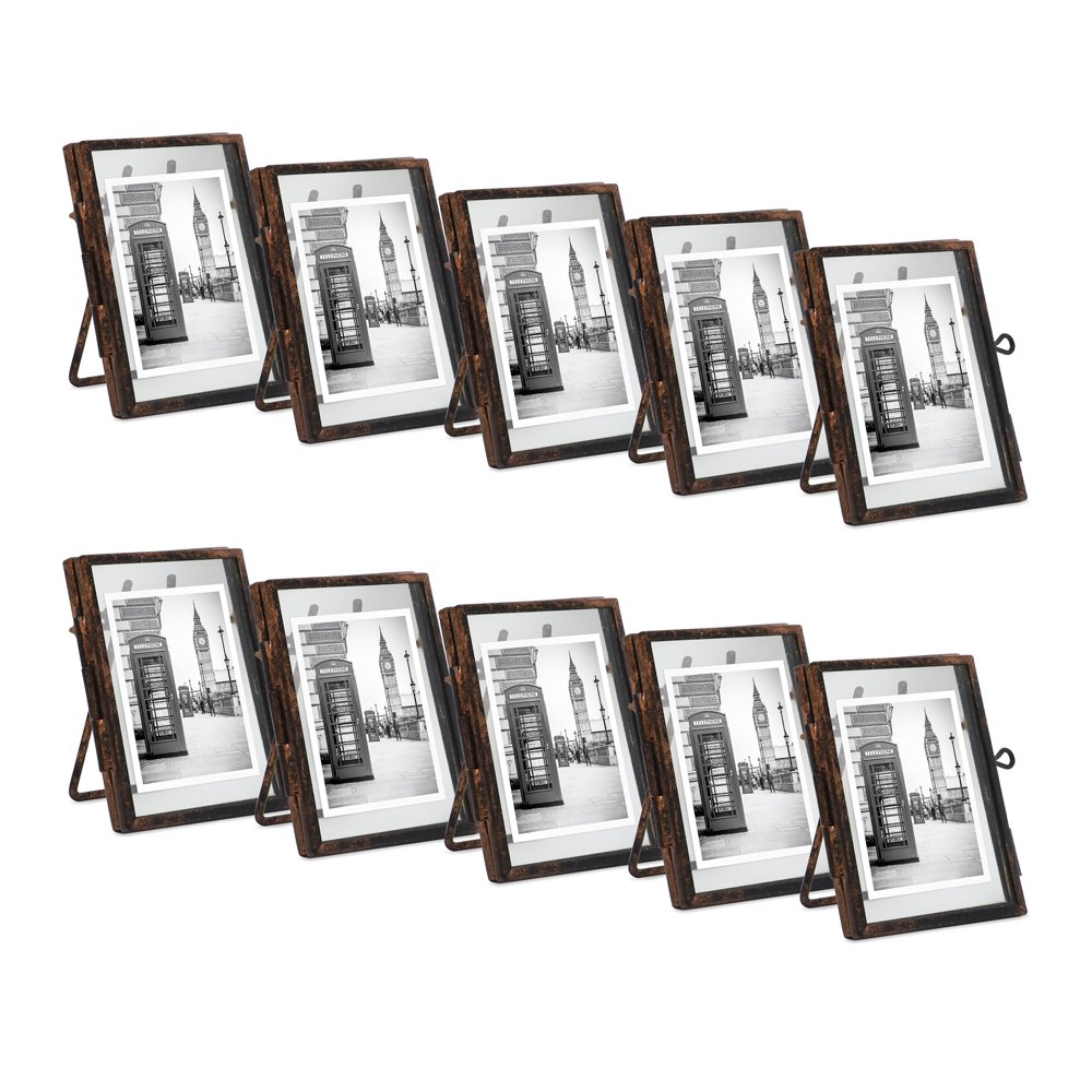 Isaac Jacobs 2x3 (10-Pack) Vintage Style Brass and Glass, Metal Floating Picture Frame (Vertical) with Locket Closure, for Photos, Art, More, Tabletop Display_