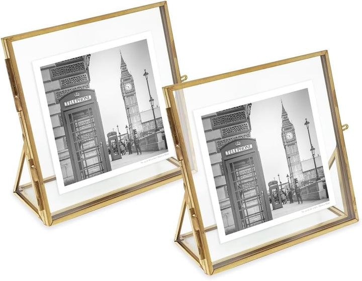 Isaac Jacobs Antique Gold, Vintage Style Brass and Glass, Floating Photo Frame, Metal, with Locket Closure and Angled Base, for Pictures, Art, Mementos, Keepsakes, 2 Pack