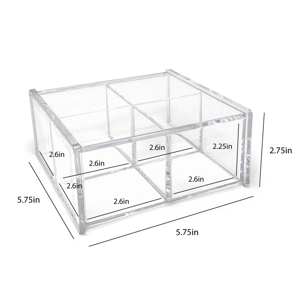 Isaac Jacobs 4-Compartment Square Clear Acrylic Organizer with Lid (5.75" L x 5.75" W x 2.75" H), Multi-Sectional Tray, Stackable, Storage Solution for School, Craft, Office Supplies, Kitchen &amp; More