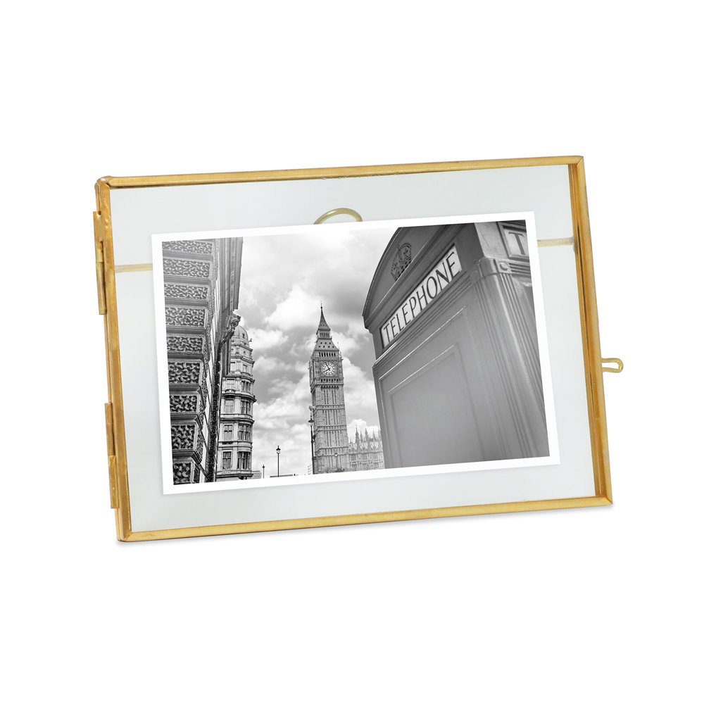 Isaac Jacobs Vintage Style Brass and Glass, Metal Floating Picture Frame with Locket Closure, for Photos, Art, &amp; More, Tabletop Display