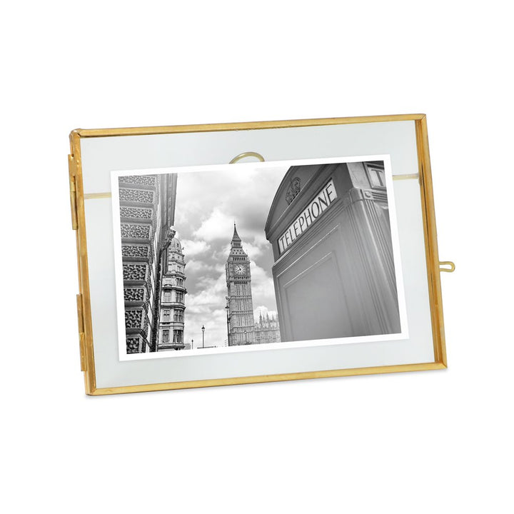 Isaac Jacobs Vintage Style Brass and Glass, Metal Floating Picture Frame with Locket Closure, for Photos, Art, &amp; More, Tabletop Display