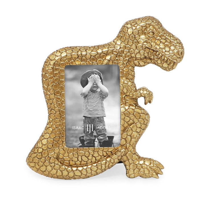 Isaac Jacobs 2” x 3" Resin Dinosaur Picture Frame, Vertical Keepsake Photo Frame with Easel and Hanging Tabs for Tabletop, Desktop &amp; Wall Display