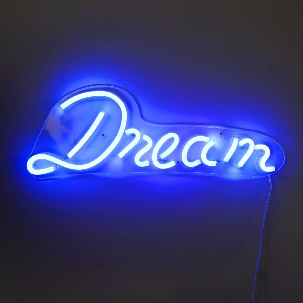 Isaac Jacobs 17" by 6" inch LED Neon Blue “Dream” Wall Sign for Cool Light, Wall Art, Bedroom Decorations, Home Accessories, Party, and Holiday Decor: Powered by USB Wire (Dream)