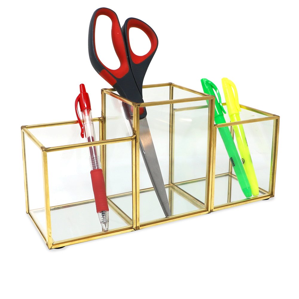 Isaac Jacobs 3-Compartment Makeup Brush Holder, Vintage Style Brass and Glass Organizer, (9.3” L x 3.1" W x 4.5" H) Storage Solution with Mirror Base &amp; Taller Center Slot, for Makeup, Crafts, More