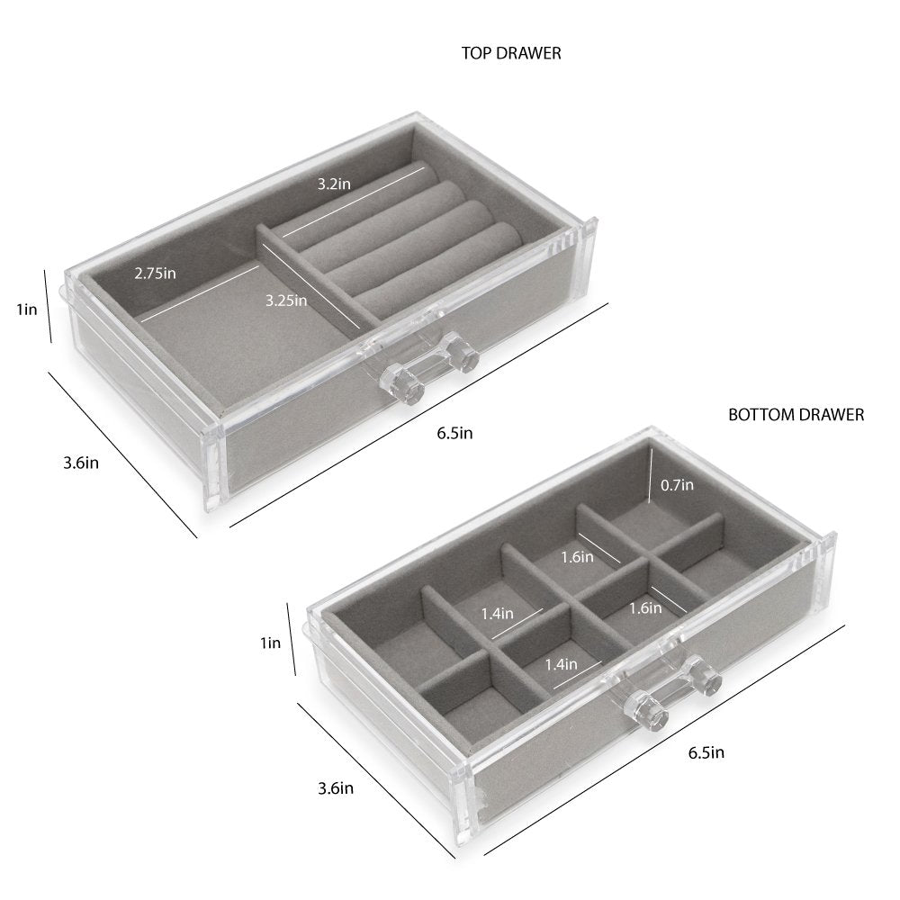 Isaac Jacobs Clear Acrylic 2-Drawer Jewelry Organizer (7.4” x 4.5” x 3.5”) w/ Velvet Lining, Stackable Storage Box For Rings, Necklaces, Bracelets, Earrings &amp; Watches, Tabletop Display Case