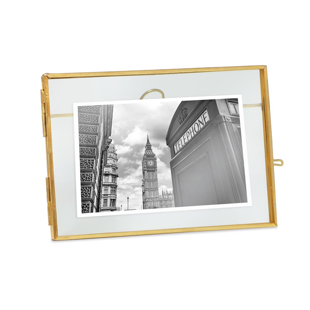 Isaac Jacobs Vintage Style Brass and Glass, Metal Floating Picture Frame with Locket Closure, for Photos, Art, &amp; More, Tabletop Display