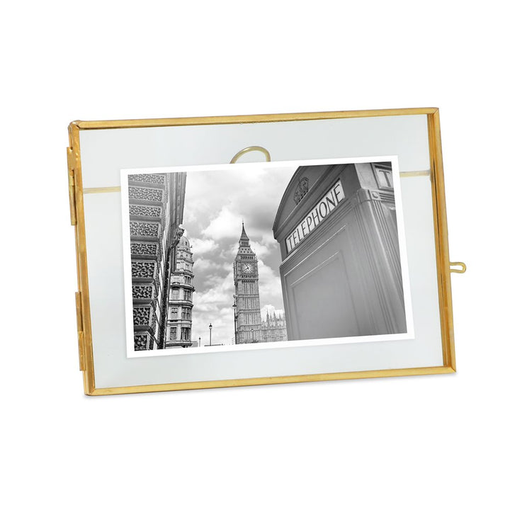 Isaac Jacobs Vintage Style Brass and Glass, Metal Floating Picture Frame with Locket Closure, for Photos, Art, &amp; More, Tabletop Display