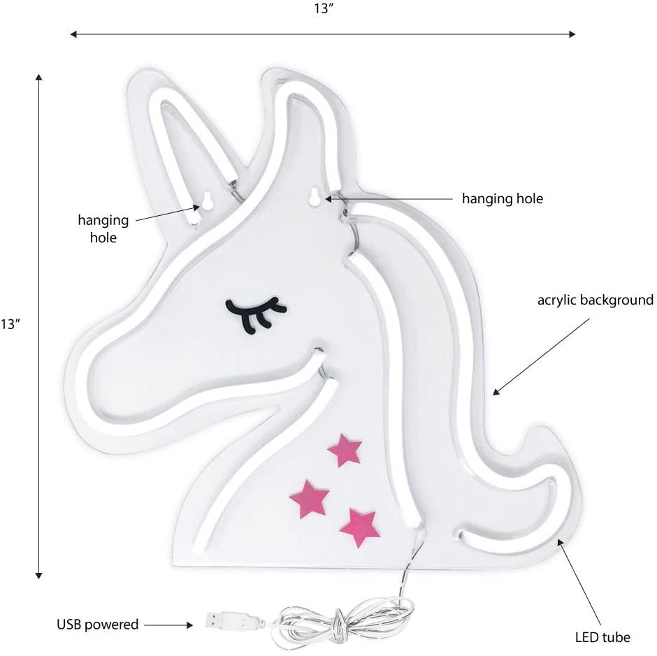 Isaac Jacobs 13" x 13" inch LED Neon Pink and White Unicorn Wall Sign for Cool Light, Wall Art, Bedroom Decorations, Home Accessories, Party, and Holiday Decor: Powered by USB Wire (Unicorn)