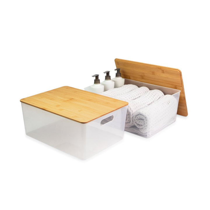 Isaac Jacobs 2-Pack Storage Bin Set w/ Cut-Out Handles and Bamboo Lid, Plastic Organizers for Home, Pantry, Kitchen, Closet, Office, Home Décor, BPA Free, Food Safe