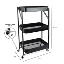 Isaac Jacobs 3-Tier Rolling Cart, Foldable Mobile Storage Organizer with Caster Wheels, Lightweight Multi-Purpose Metal Utility Cart for Office, Kitchen, Bathroom, Bedroom
