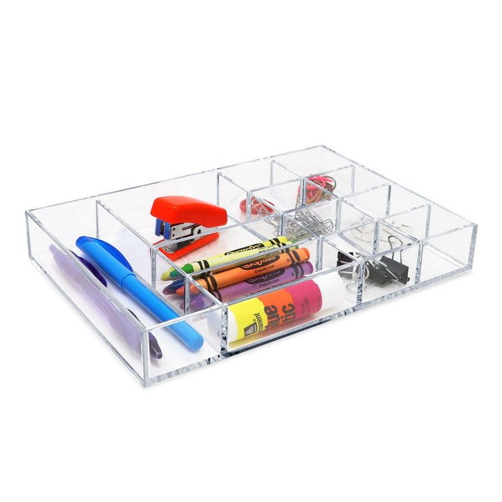 Isaac Jacobs 12-Compartment Clear Acrylic Drawer Organizer (9.4" L x 6.4" W x 1.4" H), Multi-Sectional Tray &amp; Storage Solution for Makeup, School &amp; Office Supplies, Bathroom, Kitchen