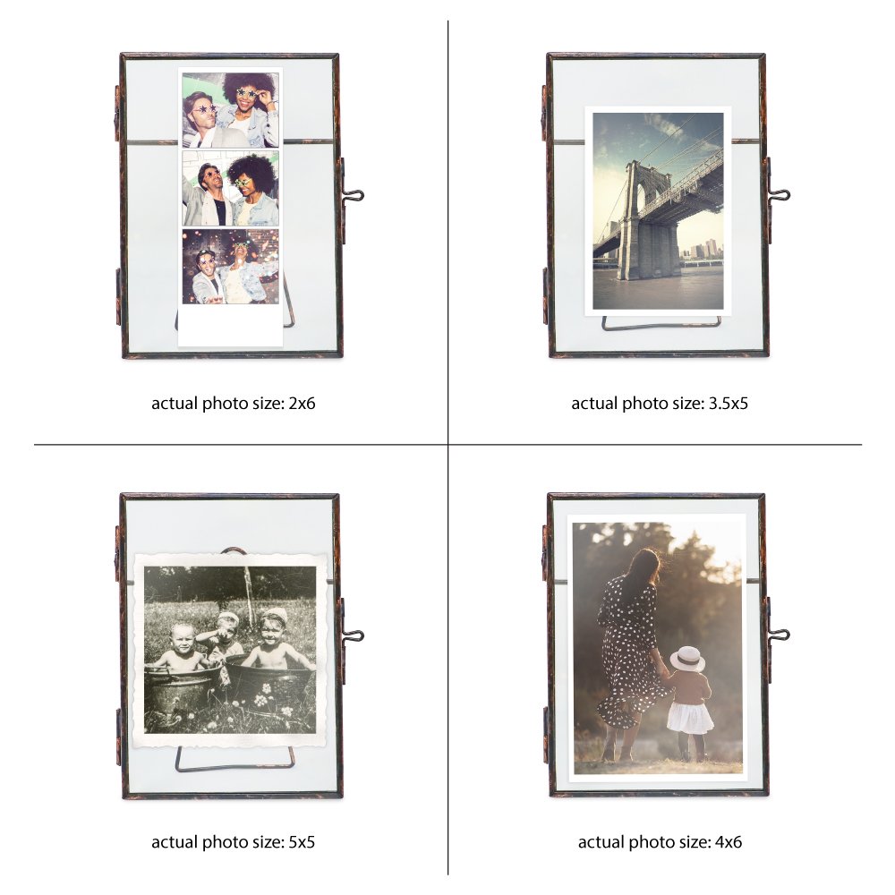 Isaac Jacobs Vintage Style Brass and Glass, Metal Floating Picture Frame with Locket Closure, for Photos, Art, &amp; More, Tabletop Display