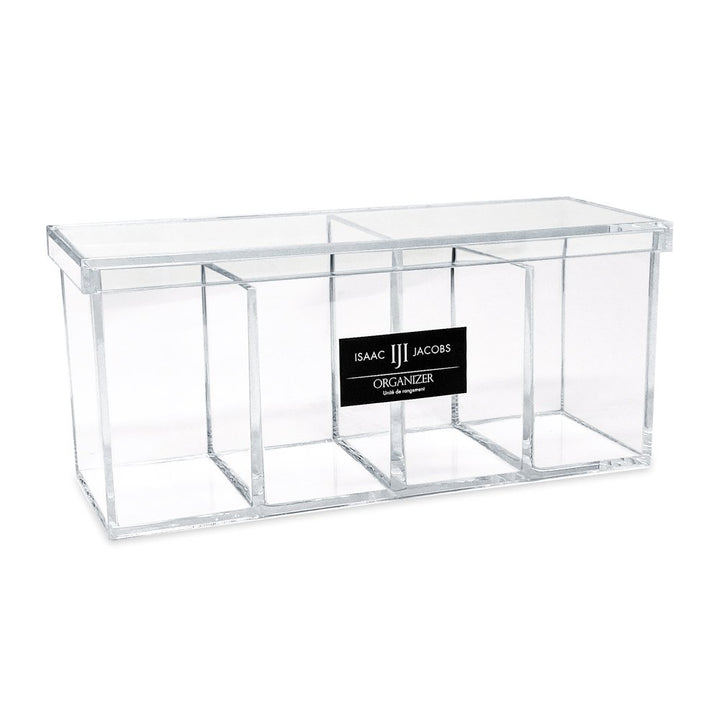 Isaac Jacobs 4-Compartment Clear Acrylic Organizer with Lid (9” L x 3” W x 4” H), Makeup Brush Holder, Sectional Tray, Storage Solution for Makeup, Crafts, Office Supplies &amp; More