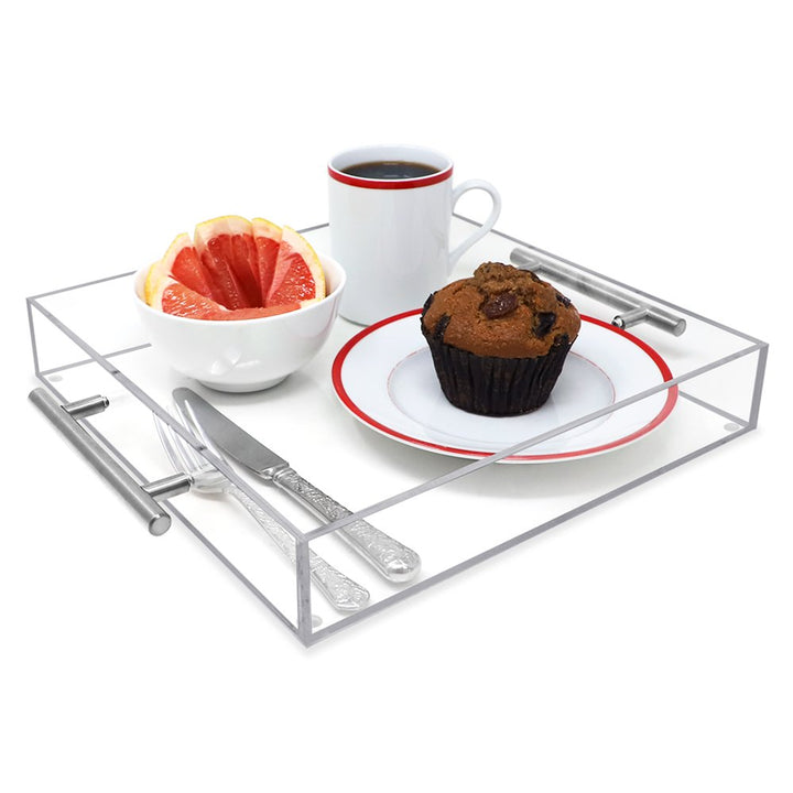 Isaac Jacobs Clear Acrylic Serving Tray with Metal Handles, Spill-Proof, Stackable Organizer, Space-Saver, Food &amp; Drinks Server, Indoors/Outdoors, Lucite Storage Décor &amp; More
