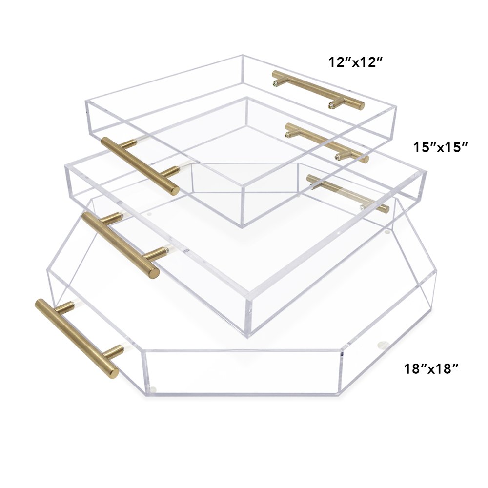 Isaac Jacobs Clear Acrylic Serving Tray with Metal Handles, Spill-Proof, Stackable Organizer, Space-Saver, Food &amp; Drinks Server, Indoors/Outdoors, Lucite Storage Décor &amp; More