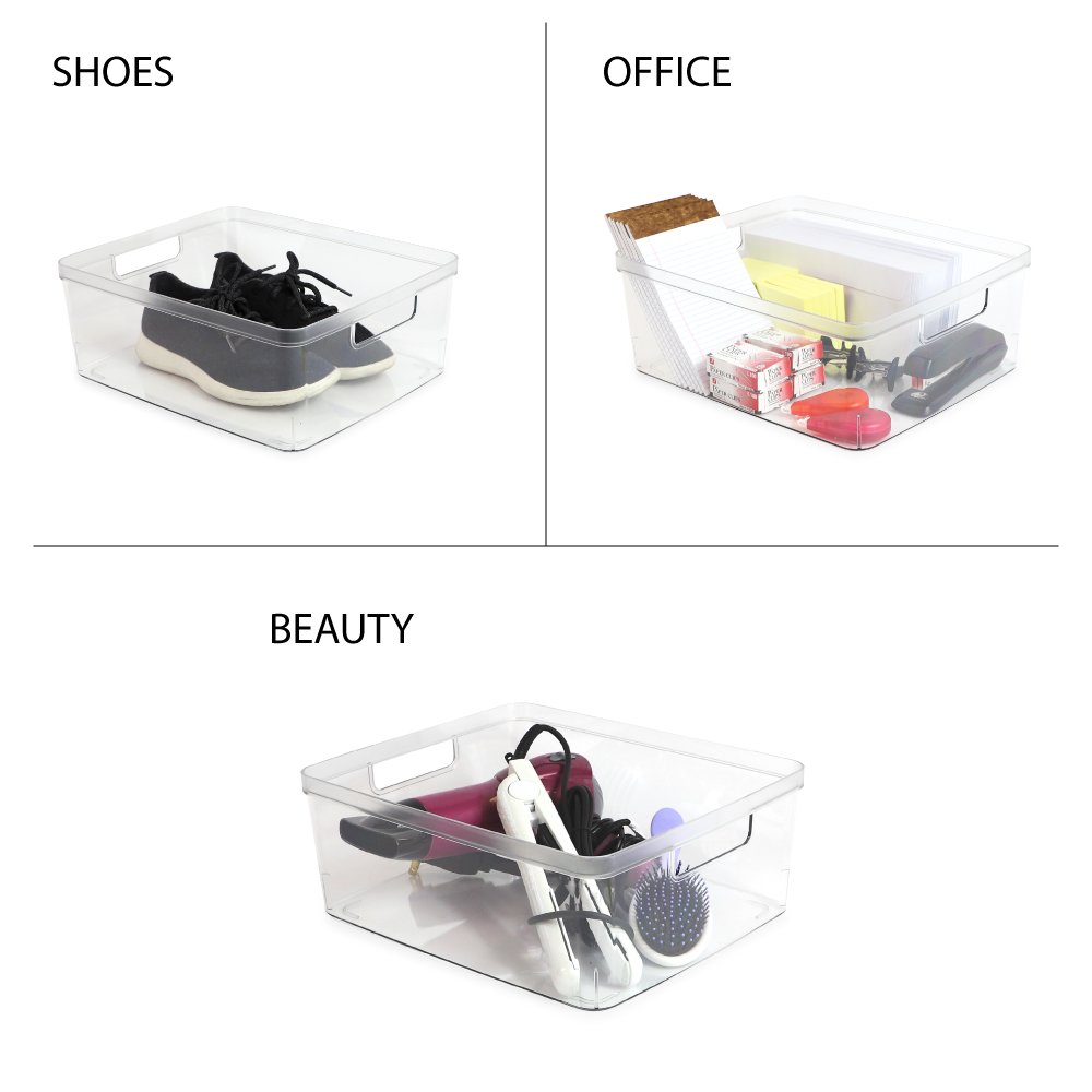 Isaac Jacobs Clear Storage Bins w/Cutout Handles, Plastic Organizer for Home, Office, Kitchen, Fridge/Freezer, Bathroom, BPA Free, Food Safe