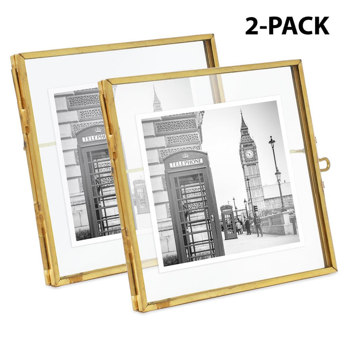 Isaac Jacobs (2-Pack) Vintage Style Brass and Glass, Metal Floating Picture Frame with Locket Closure, for Photos, Art, &amp; More, Tabletop Display