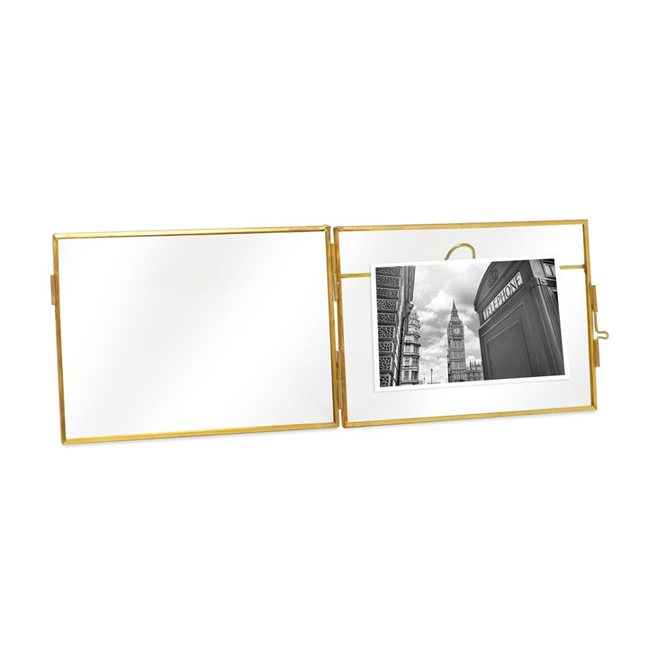 Isaac Jacobs (2-Pack) Vintage Style Brass and Glass, Metal Floating Picture Frame with Locket Closure, for Photos, Art, &amp; More, Tabletop Display