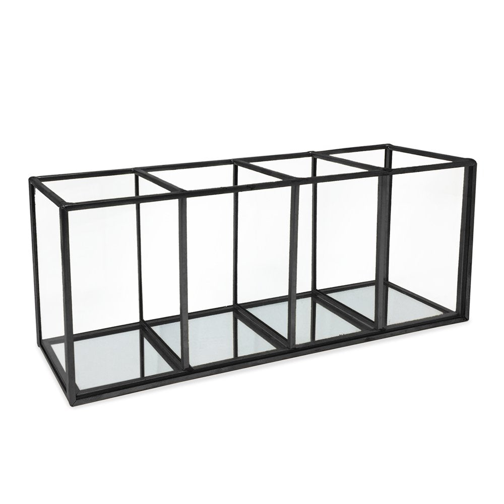 Isaac Jacobs 4-Compartment Organizer- Makeup Brush Holder- Vintage Style Brass and Glass Storage Solution with Mirror Base- Office, Bathroom, Kitchen Supplies and More
