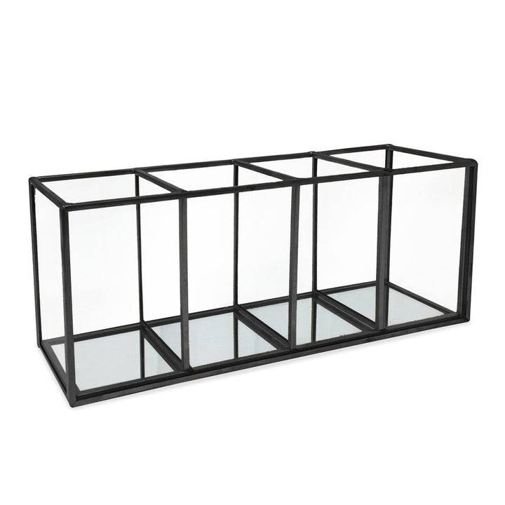Isaac Jacobs 4-Compartment Organizer- Makeup Brush Holder- Vintage Style Brass and Glass Storage Solution with Mirror Base- Office, Bathroom, Kitchen Supplies and More