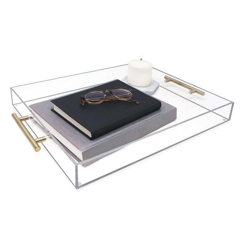 Isaac Jacobs Clear Acrylic Serving Tray with Metal Handles, Spill-Proof, Stackable Organizer, Space-Saver, Food &amp; Drinks Server, Indoors/Outdoors, Lucite Storage Décor &amp; More