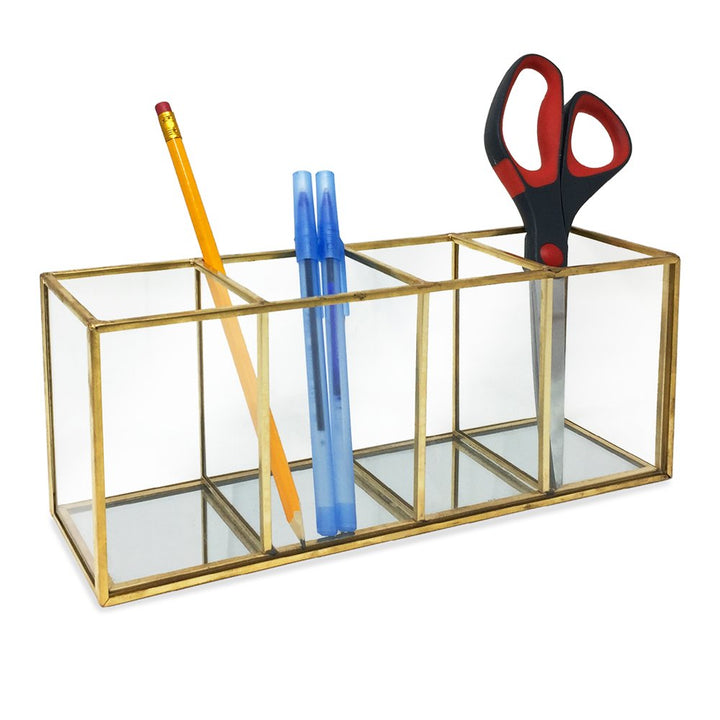 Isaac Jacobs 4-Compartment Organizer- Makeup Brush Holder- Vintage Style Brass and Glass Storage Solution with Mirror Base- Office, Bathroom, Kitchen Supplies and More
