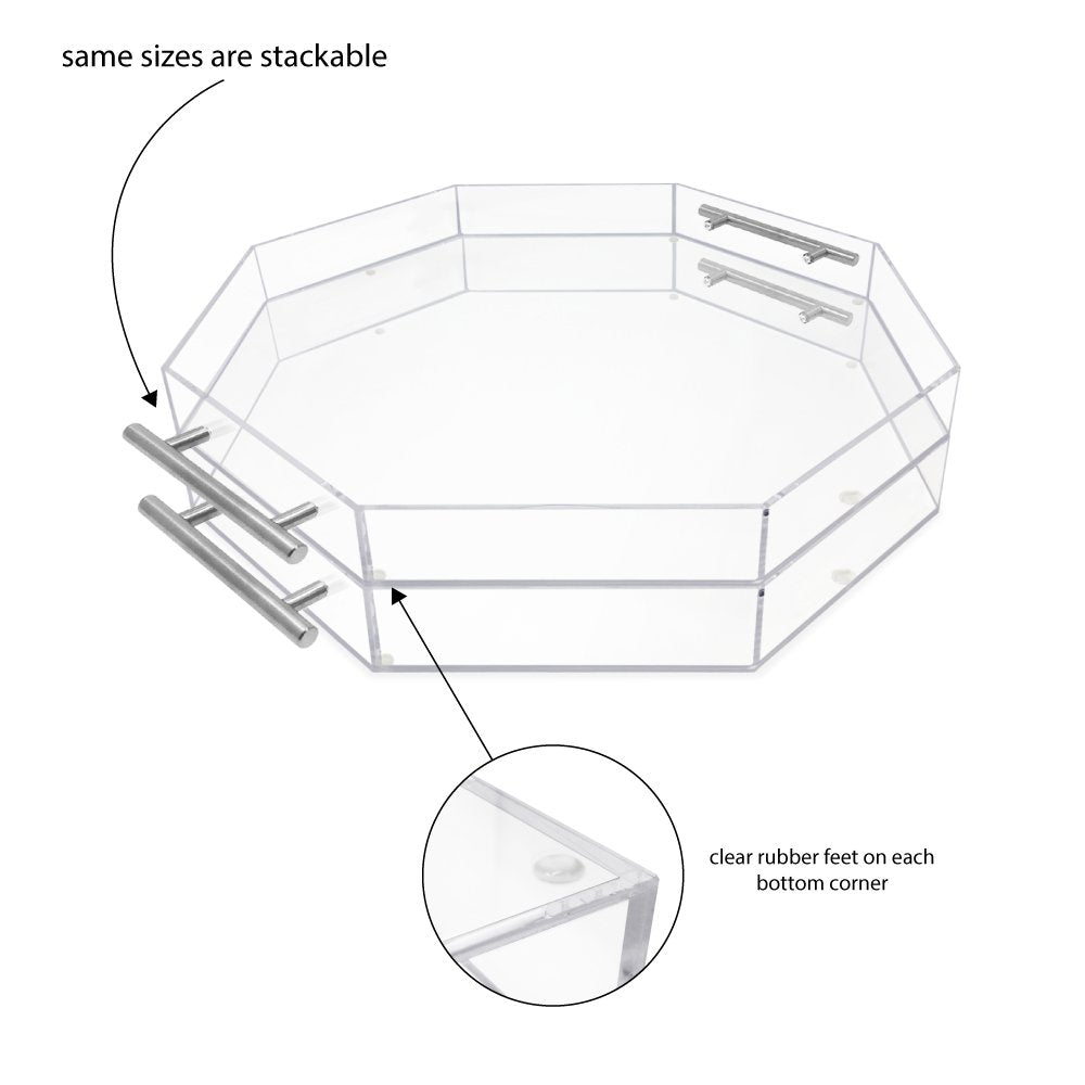 Isaac Jacobs Clear Acrylic Serving Tray with Metal Handles, Spill-Proof, Stackable Organizer, Space-Saver, Food &amp; Drinks Server, Indoors/Outdoors, Lucite Storage Décor &amp; More
