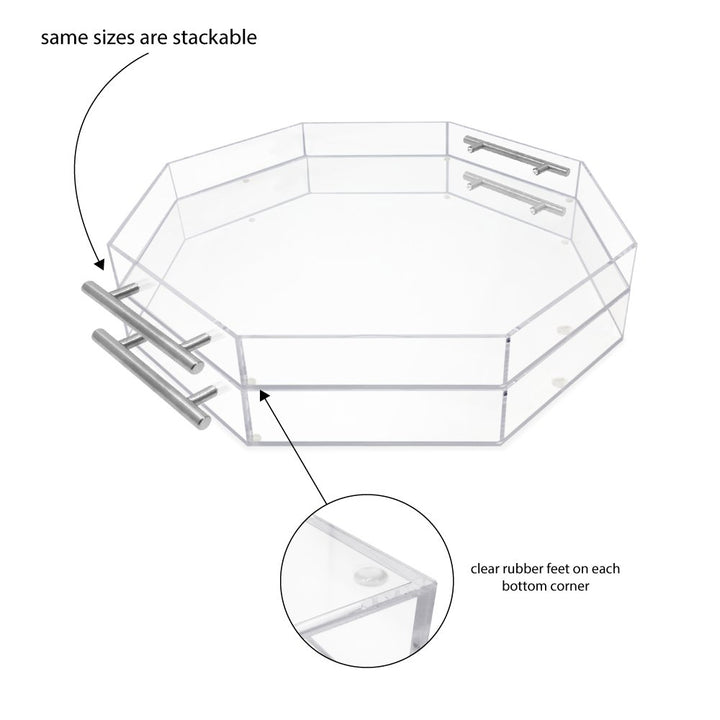 Isaac Jacobs Clear Acrylic Serving Tray with Metal Handles, Spill-Proof, Stackable Organizer, Space-Saver, Food &amp; Drinks Server, Indoors/Outdoors, Lucite Storage Décor &amp; More