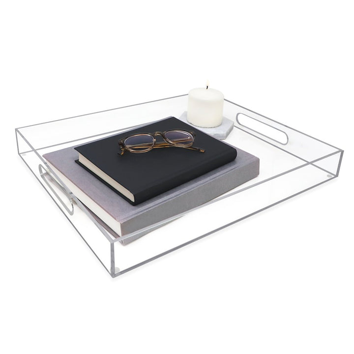 Isaac Jacobs Clear Acrylic Serving Tray with Cutout Handles, Spill-Proof, Stackable Organizer, Space-Saver, Food &amp; Drinks Server, Indoors/Outdoors, Lucite Storage Décor &amp; More