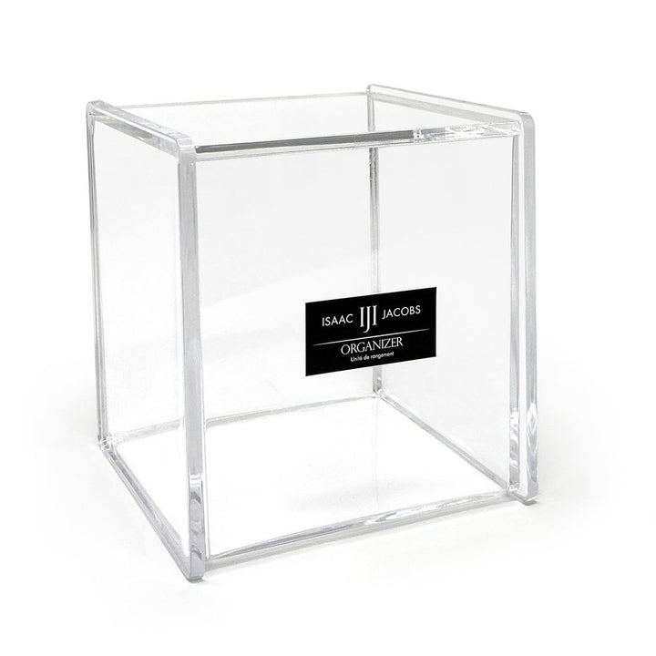 Isaac Jacobs Clear Acrylic Cube Organizer with Lid (5.25" L x 5.25" W x 5.75" H), Stackable, Storage Solution for Makeup, School &amp; Office Supplies &amp; More, for Bathroom, Kitchen, Office